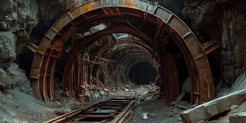 Abandoned iron mine features an underground tunnel, showcasing a collapsed steel arch with timbering lining, highlighting the unique characteristics of iron mine structures in a hidden environment.