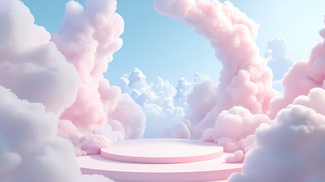 This imaginative podium backdrop captures the essence of daydreaming with a whimsical dreamscape featuring soft fluffy clouds and . . Dreamscape. Illustration