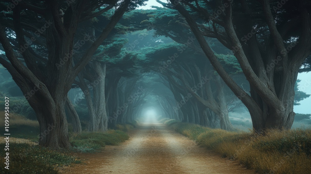 Poster misty path through a tunnel of ancient trees