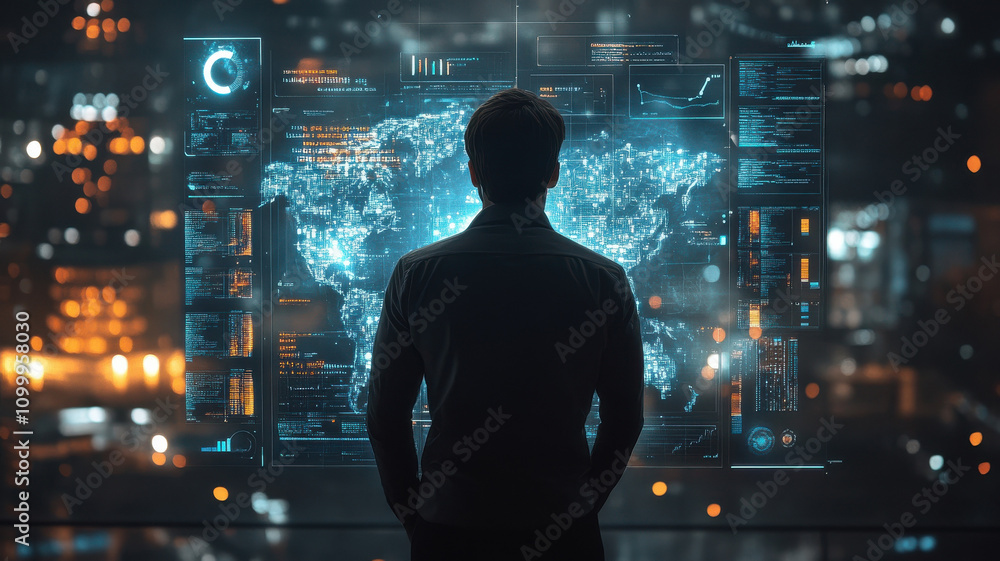 Poster person observing futuristic interface displaying holographic data analytics and global information. 
