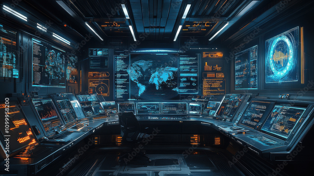 Poster futuristic workspace featuring multiple screens displaying augmented reality data, graphs, and maps.