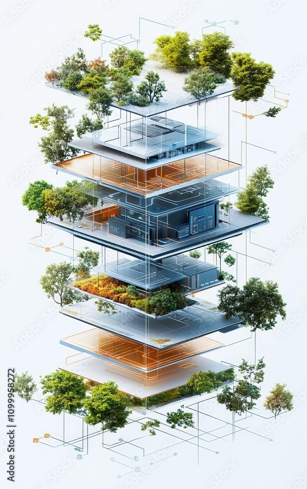 Poster a modern architectural design featuring multiple transparent layers, integrated with greenery and na