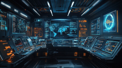 Obraz premium futuristic workspace featuring multiple screens displaying augmented reality data, graphs, and maps. high tech environment is illuminated with blue and orange lights, creating dynamic atmosphere