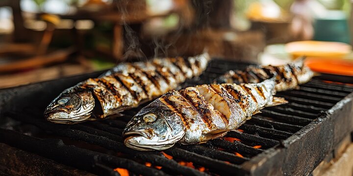 Image of milkfish chanos chanos , also known as ikan bandeng, being grilled to perfection. This captivating photo showcases the deliciousness of milkfish in a culinary setting.