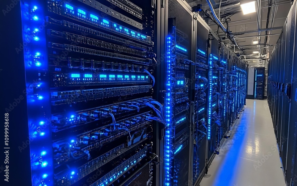 Poster a modern data center featuring advanced server racks with illuminated blue lights. the environment s