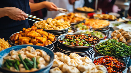 Obraz premium Variety of delicious dishes served at a bustling Asian food market during a festive celebration