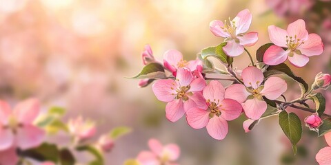 Fototapeta premium Pink apple flowers adorn a branching decorative wild apple tree. This close up of the flowering apple tree showcases the beauty of pink apple flowers in full bloom.