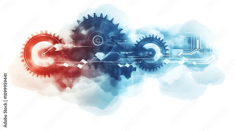 Poster interconnected gears and circuits in a cloudy digital landscape