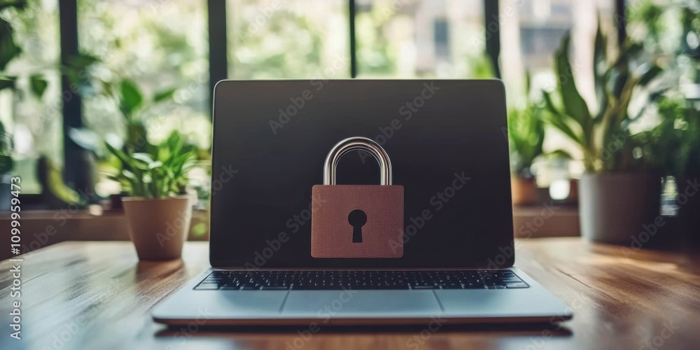 Aufkleber cyber security concept of a digital padlock in front of a laptop computer, digital security
