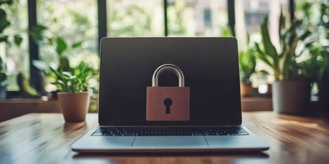 Cyber security concept of a digital padlock in front of a laptop computer, digital security
