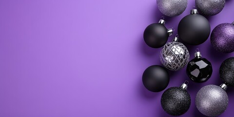 Fototapeta premium Silver and black Christmas ornaments displayed against a purple background create a festive atmosphere, offering ample copy space for holiday themed designs or promotions featuring Christmas