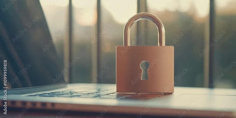 Poster cyber security concept of a digital padlock in front of a laptop computer, digital security