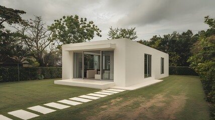 ant White Cube House with Minimalist Garden Path