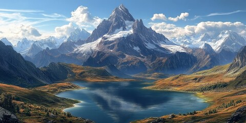 Obraz premium Majestic Monviso, often referred to as the King of Stone, dominates the landscape of the Cottian Alps, showcasing stunning lakes and numerous peaks that create a breathtaking scene.