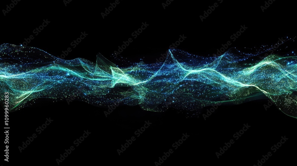 Poster abstract lines and dots interconnected in a digital space, forming a glowing blue and green cyber we