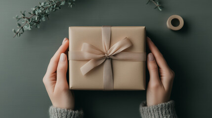 A beautifully wrapped gold gift box tied with a sheer ribbon bow, held by delicate hands wearing a cozy sweater, with decorative greenery and ribbon roll set on a muted green background.