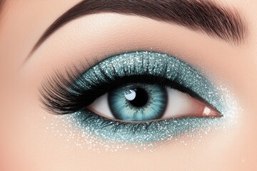 Obraz premium A woman displays her eye with striking turquoise eyeshadow that enhances her natural features