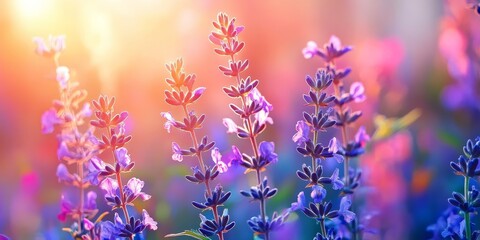 Obraz premium Stunningly beautiful, this colorful floral background features salvia flowers illuminated by summer sunlight. The salvia flowers create an atmospheric, gentle artistic image in nature macro focus.