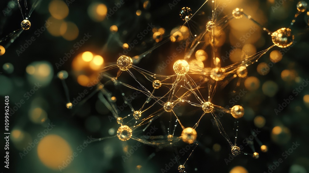 Poster abstract micro-level view of interconnected data points, appearing like molecules under high magnifi