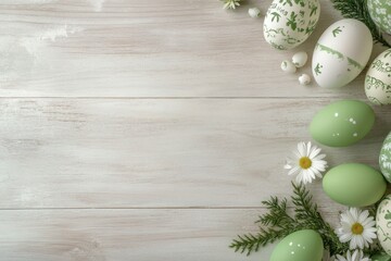 Green and white Easter eggs with flowers and greenery on a wooden background
