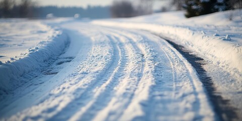 Obraz premium Car tire track patterns are visible on a snow covered winter road, showcasing the effects of vehicle movement on the snowy surface of the winter road during cold weather conditions.