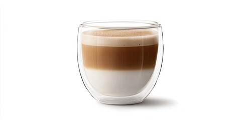 Flat white coffee served in a transparent double wall glass cup, elegantly isolated against a white background, showcasing the rich texture and creamy appearance of the flat white coffee.