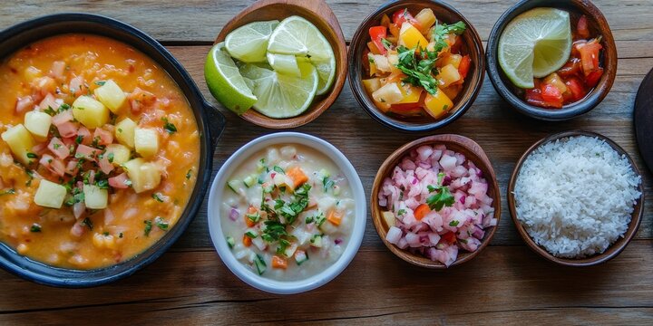 Ceviche accompanied by chifles and rice, presented elegantly in separate dishes, showcases the vibrant flavors of ceviche on a rustic wooden table, perfect for a delightful dining experience.