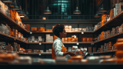 Fototapeta premium A dedicated retail worker in an orange apron arranging products on shelves in a warmly lit store interior, surrounded by neatly stacked merchandise, showcasing a well-organized retail space.
