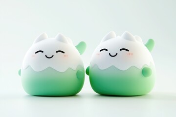 Two cute, colorful figurines with smiling faces on a soft background.