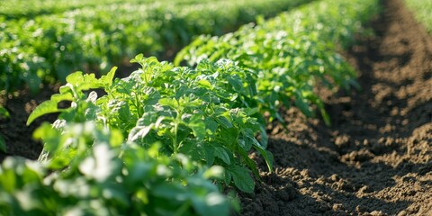 Extensive rows of potato bushes flourish after the removal of agrofibre, showcasing cultivation and harvesting in late spring. This represents successful agroindustry and agribusiness in agriculture.