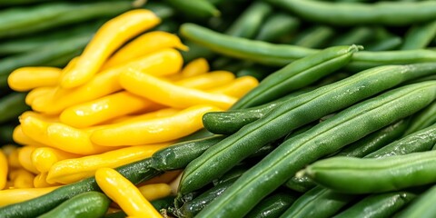 Obraz premium Fresh green beans, vibrant yellow beans, and crisp cucumbers create a colorful and healthy vegetable medley, perfect for salads, stir fries, and nutritious meals featuring green beans, yellow beans,