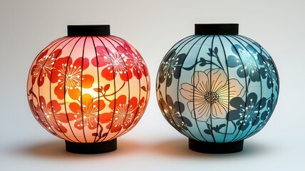 Vibrant decorative lanterns showcasing intricate floral designs and warm light.