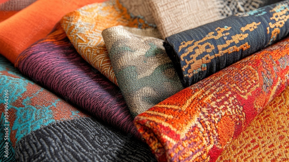 Poster colorful textiles with intricate patterns and textures for design