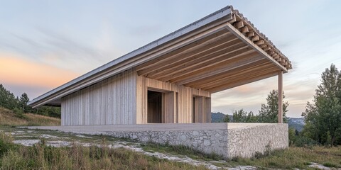 Fototapeta premium Innovative construction of a sustainable wooden building featuring a raw roof and walls, showcasing the beauty of unfinished wooden design in sustainable architecture.