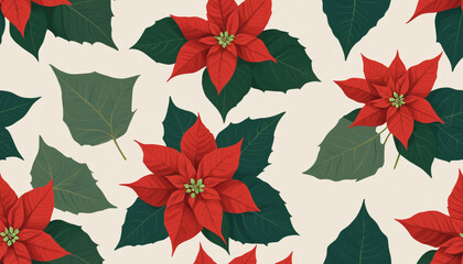 A cluster of bright red poinsettia flowers with green leaves, positioned on the left