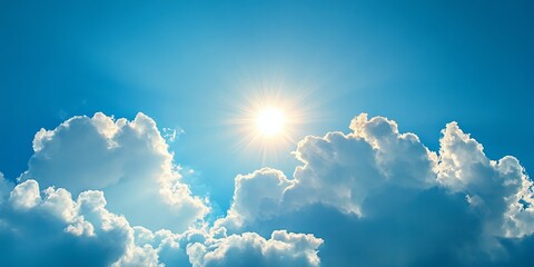 Vibrant blue sky featuring the sun and fluffy clouds creates a beautiful nature background. This stunning blue sky with sun and cloud highlights the beauty of the great outdoors.