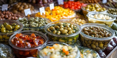 Assorted pickles, anchovies, and olives showcased in a vibrant market setting, highlighting the diverse array of assorted pickles, olives, and anchovies available for culinary enthusiasts.