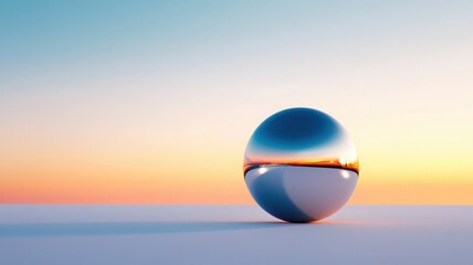 Abstract sphere reflecting a colorful sunset in smooth gradient background.