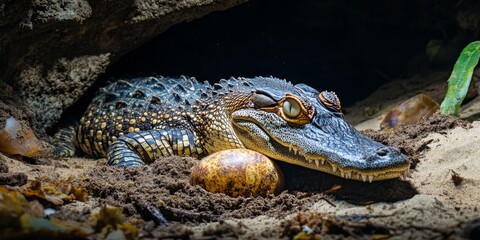 Obraz premium Crocodile eggs are highly coveted by predators, including the Water Monitor. This image captures a nest that has been excavated by a Monitor while the female crocodile seeks shelter.
