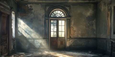 A captivating old room in an abandoned building features light streaming through the windows, highlighting a beautiful doorway and shabby walls of the old abandoned manor.