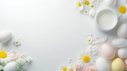 Obraz premium Fresh and colorful arrangement of eggs, flowers, and dairy products, creating serene and inviting atmosphere. Perfect for spring themes and culinary presentations