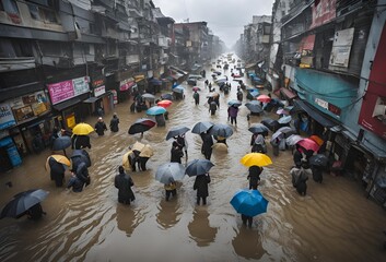 People in flooded rainy city