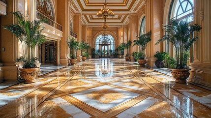 Obraz premium Luxurious hotel lobby with grand architecture, marble floors, and large windows.