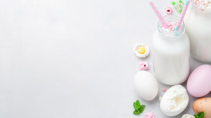 colorful and lively composition of milk, eggs, and sweets, creating cheerful atmosphere perfect for spring celebrations