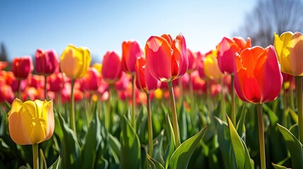 A breathtaking field of tulips in full bloom, with vibrant colors stretching across the landscape under a clear, sunny sky. The rows of tulips create a vivid, joyful scene of springtime beauty.