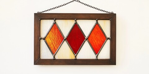 Wooden framed stained glass window featuring a red diamond pattern, elegantly suspended by chains against a white wall, showcasing the beauty of stained glass artistry in any setting.