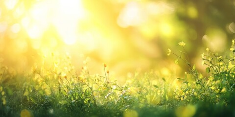 Obraz premium Blurred image featuring a sunny landscape showcasing soft green and yellow colors, creating a tranquil atmosphere. This sunny landscape evokes feelings of warmth and serenity.