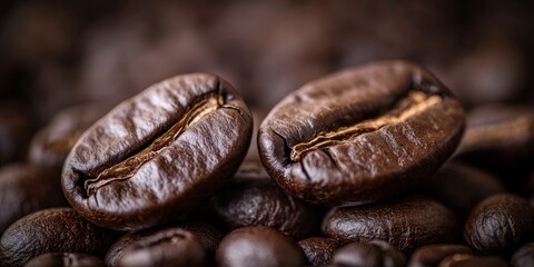 Obraz premium Close up macro shot featuring two coffee beans, highlighting their unique texture and color. This isolated macro shot of coffee beans showcases the rich details found in coffee beans.