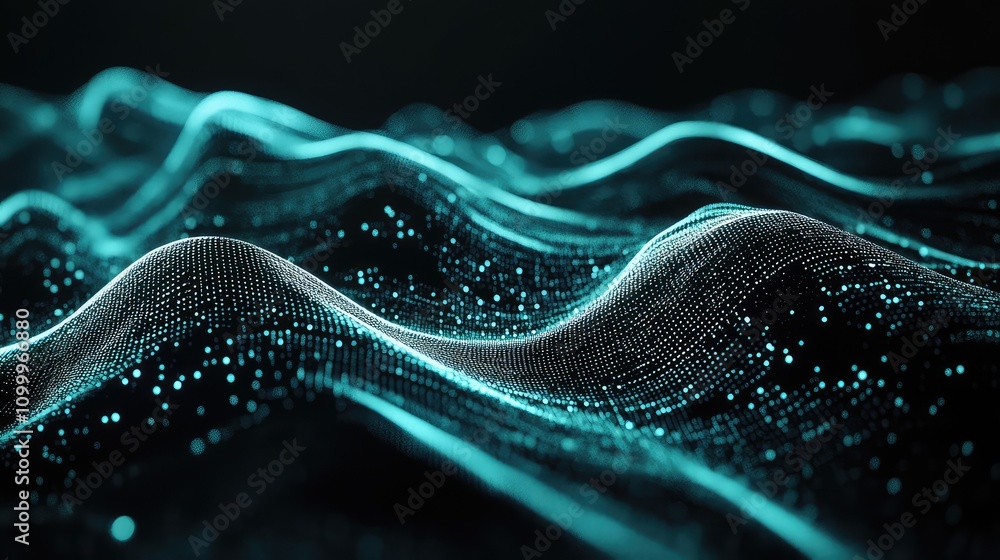 Poster abstract neon data wave with pulsating movement, flowing diagonally across a black digital backgroun