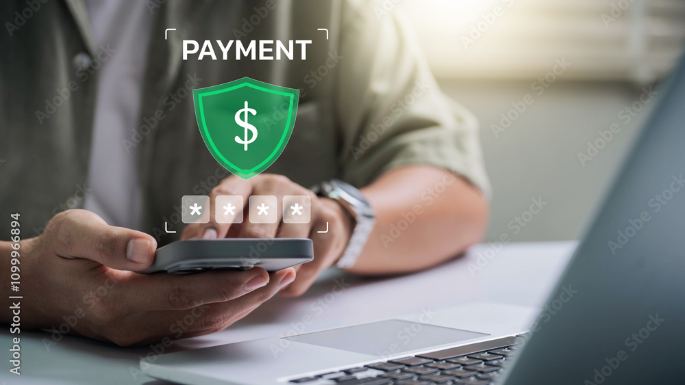 Aufkleber Mobile Payment Security Protection. Shielded Verification Process with Password Protection and Innovative Fintech Solutions for Secure Digital Banking.